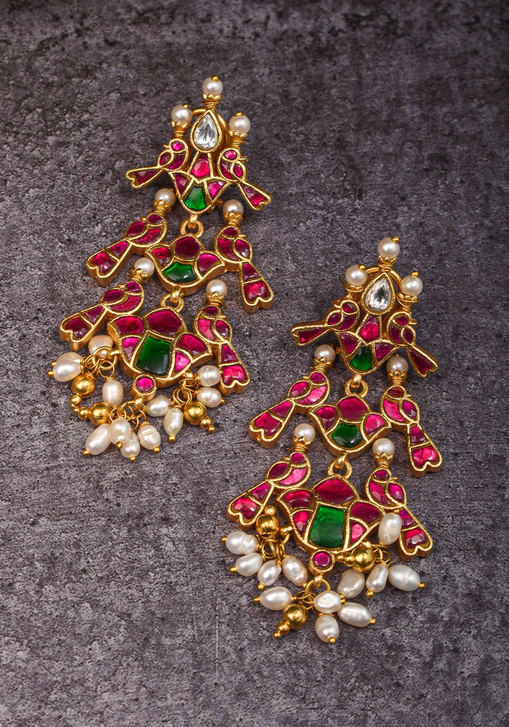 2.75" Layered Pink & Green Stone Peacock Earrings with Dangling White Beads | Shobitam Jewelry