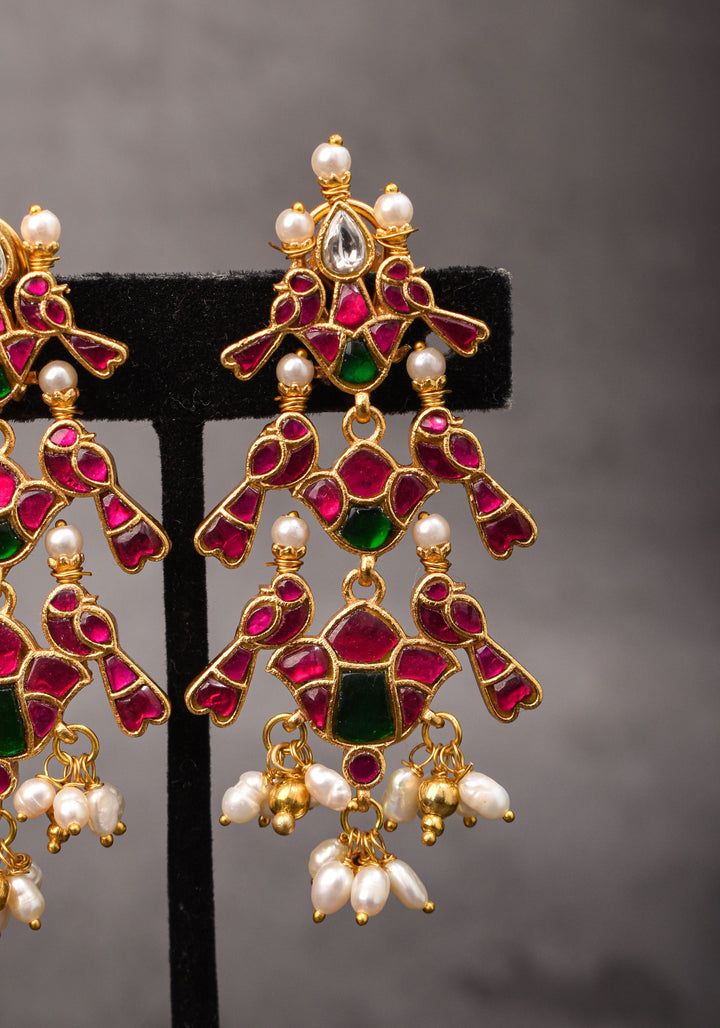 2.75" Layered Pink & Green Stone Peacock Earrings with Dangling White Beads | Shobitam Jewelry