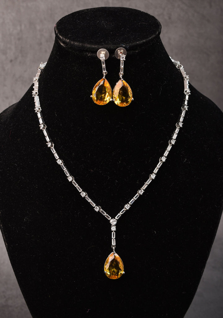 Celebrity-Inspired Yellow CZ Stone Drop Necklace and Earring | Shobitam Jewelry