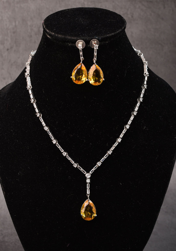 Celebrity-Inspired Yellow CZ Stone Drop Necklace and Earring | Shobitam Jewelry