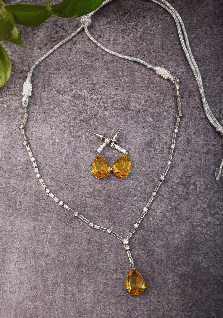 Celebrity-Inspired Yellow CZ Stone Drop Necklace and Earring | Shobitam Jewelry