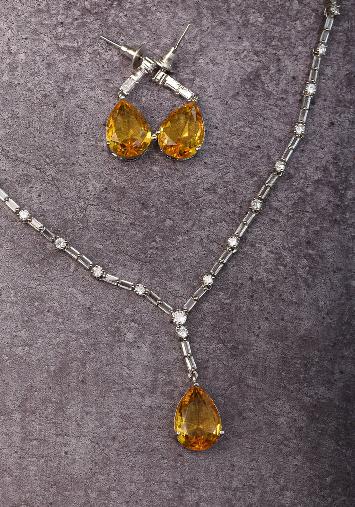 Celebrity-Inspired Yellow CZ Stone Drop Necklace and Earring | Shobitam Jewelry