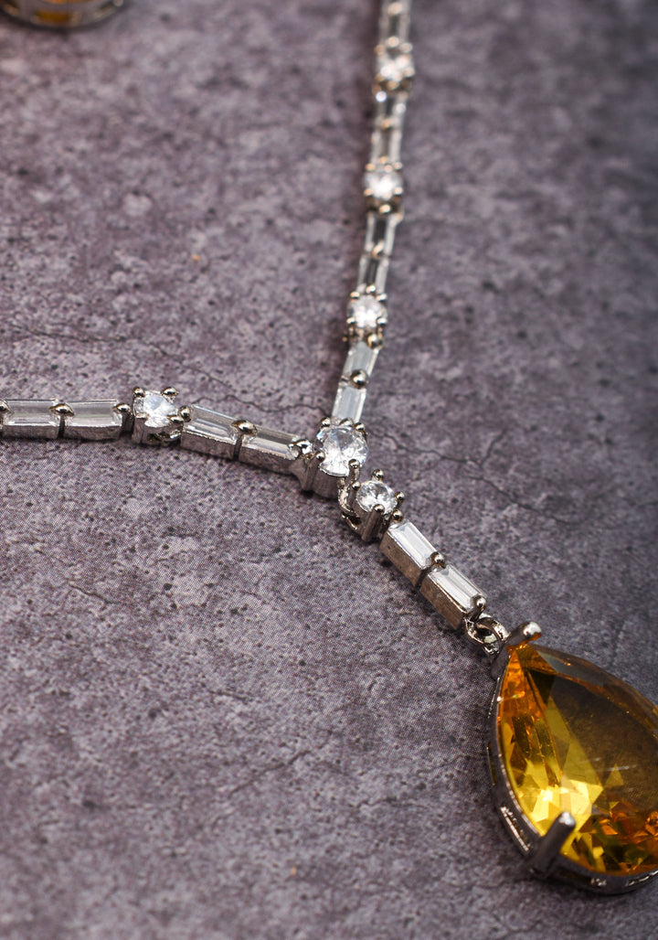 Celebrity-Inspired Yellow CZ Stone Drop Necklace and Earring | Shobitam Jewelry