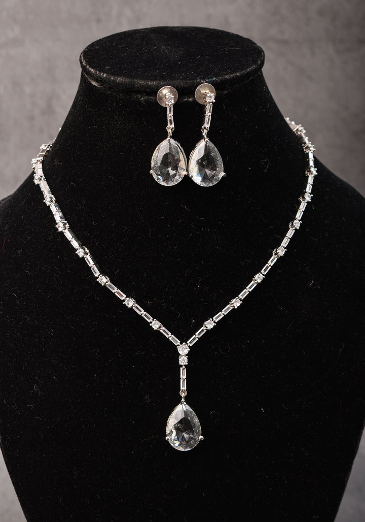 Celebrity-Inspired White CZ Stone Drop Necklace and Earring | Shobitam Jewelry