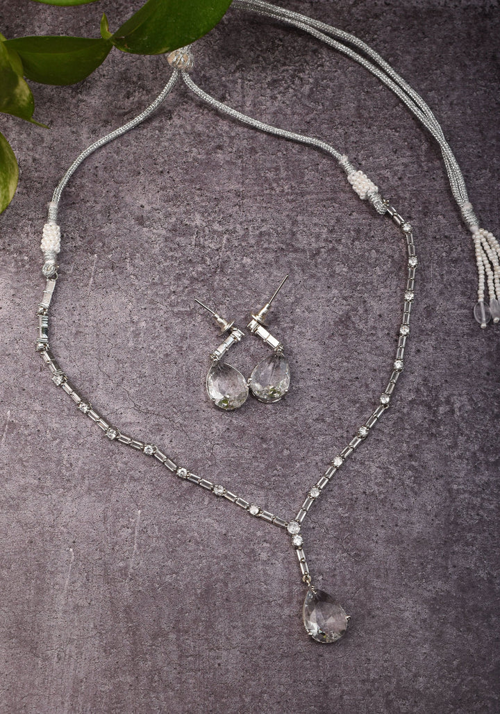 Celebrity-Inspired White CZ Stone Drop Necklace and Earring | Shobitam Jewelry