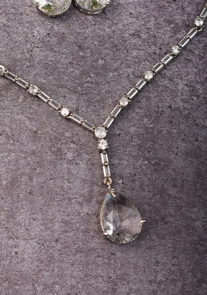 Celebrity-Inspired White CZ Stone Drop Necklace and Earring | Shobitam Jewelry