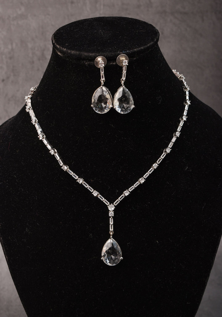 Celebrity-Inspired White CZ Stone Drop Necklace and Earring | Shobitam Jewelry