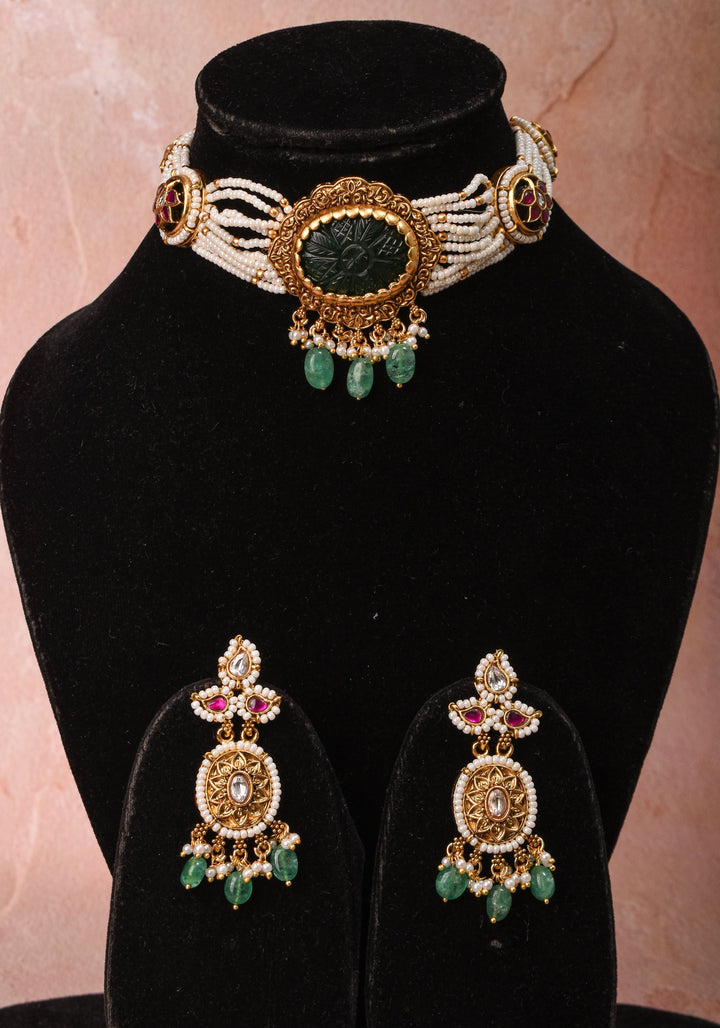 Antique Jadau Choker Set with 9 strand beads and prominent carved Green stone | Shobitam Jewelry