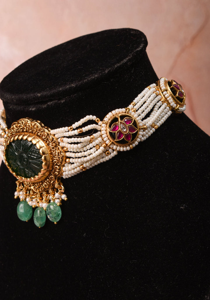 Antique Jadau Choker Set with 9 strand beads and prominent carved Green stone | Shobitam Jewelry