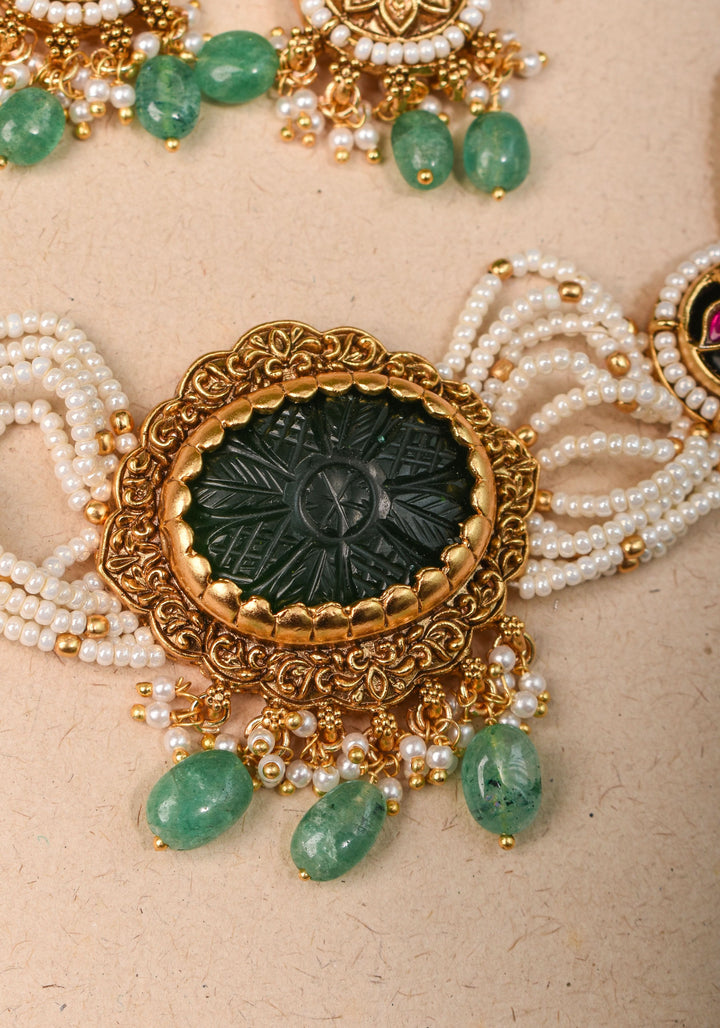 Antique Jadau Choker Set with 9 strand beads and prominent carved Green stone | Shobitam Jewelry