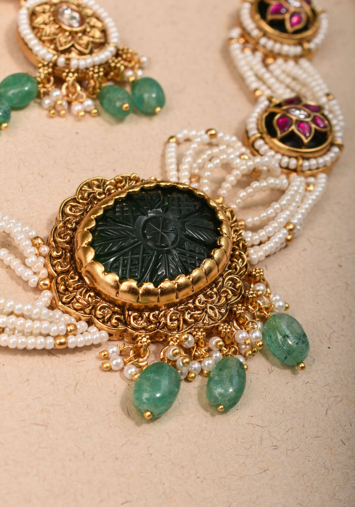 Antique Jadau Choker Set with 9 strand beads and prominent carved Green stone | Shobitam Jewelry