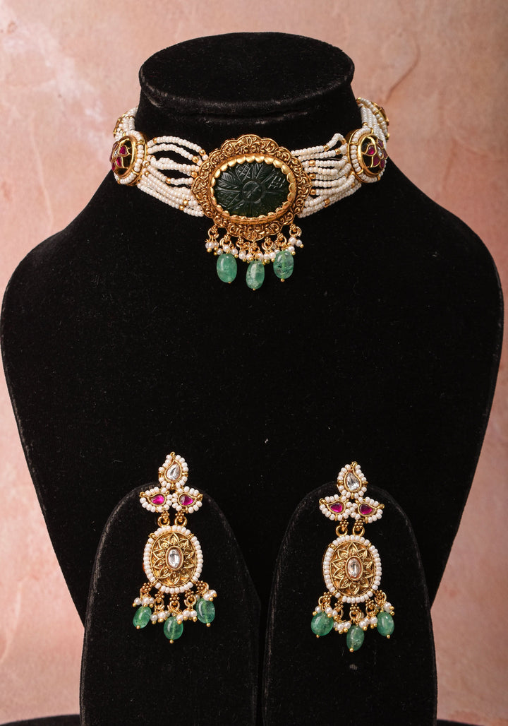 Antique Jadau Choker Set with 9 strand beads and prominent carved Green stone | Shobitam Jewelry