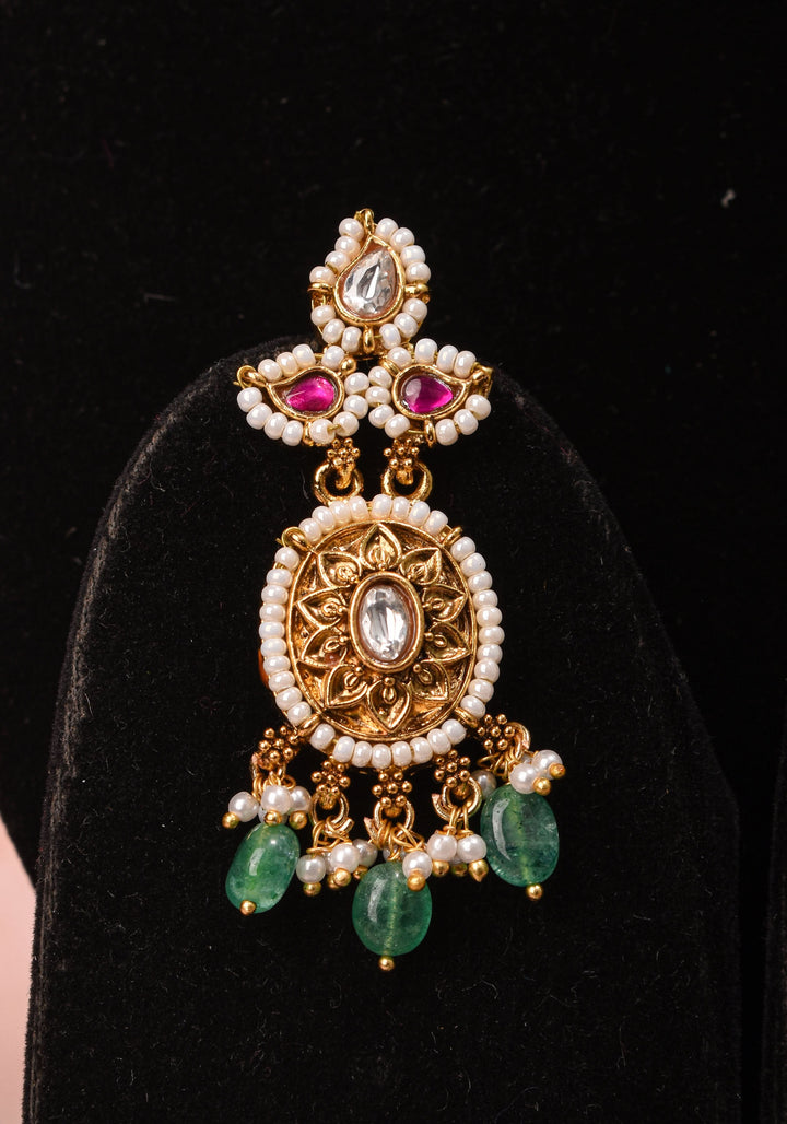 Antique Jadau Choker Set with 9 strand beads and prominent carved Green stone | Shobitam Jewelry