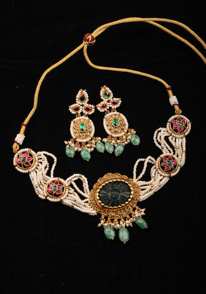 Antique Jadu Choker Set With Green Carved Stone  | Shobitam Jewelry