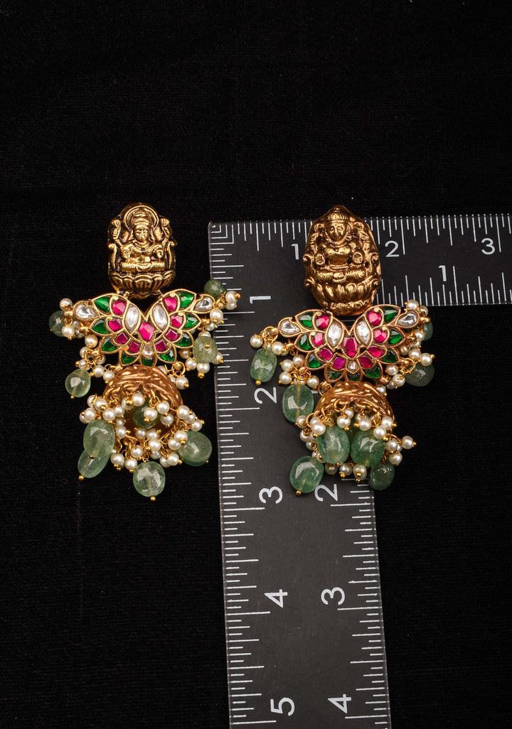 Celebrity Jadau Lakshmi Jhumkas with Dangling Beads  | Shobitam Jewelry