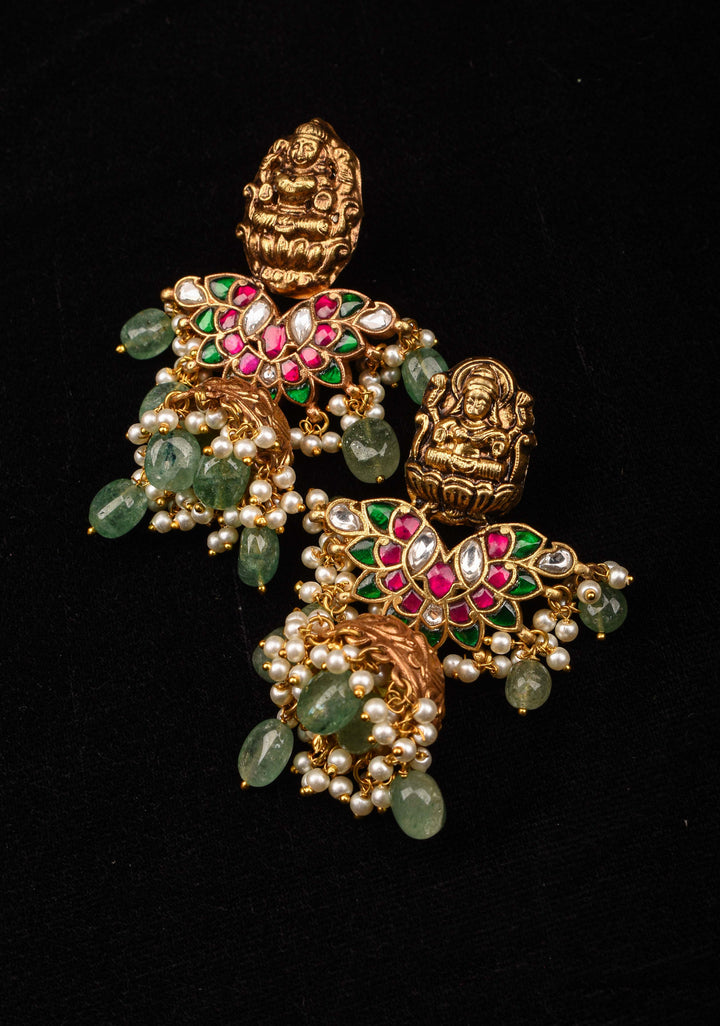 Celebrity Jadau Lakshmi Jhumkas with Dangling Beads  | Shobitam Jewelry