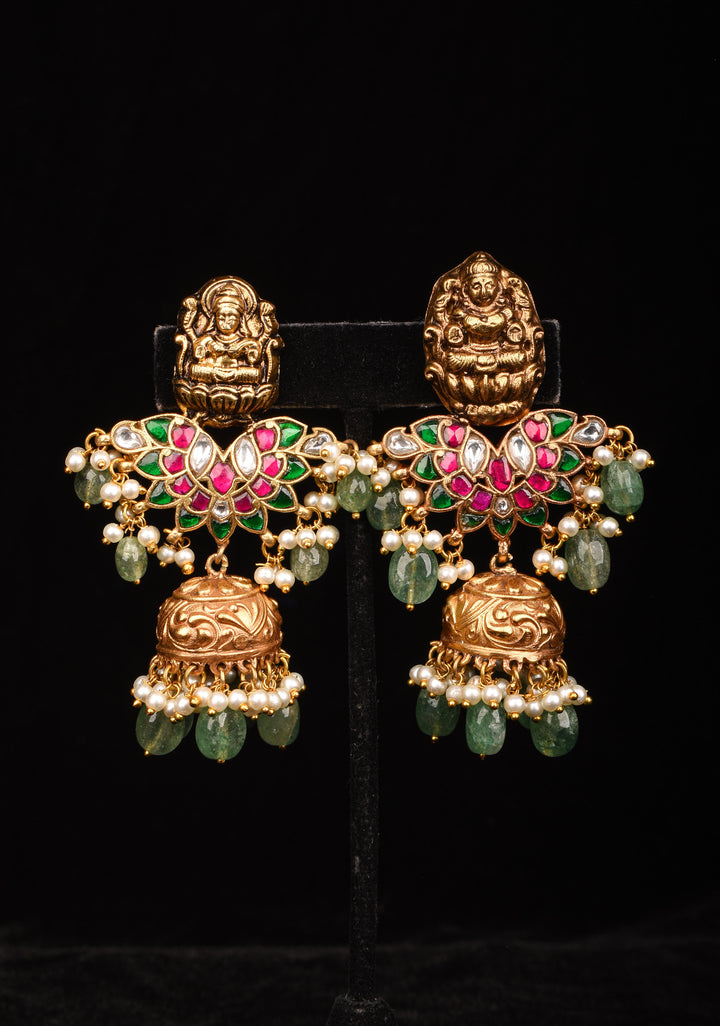 Celebrity Jadau Lakshmi Jhumkas with Dangling Beads  | Shobitam Jewelry