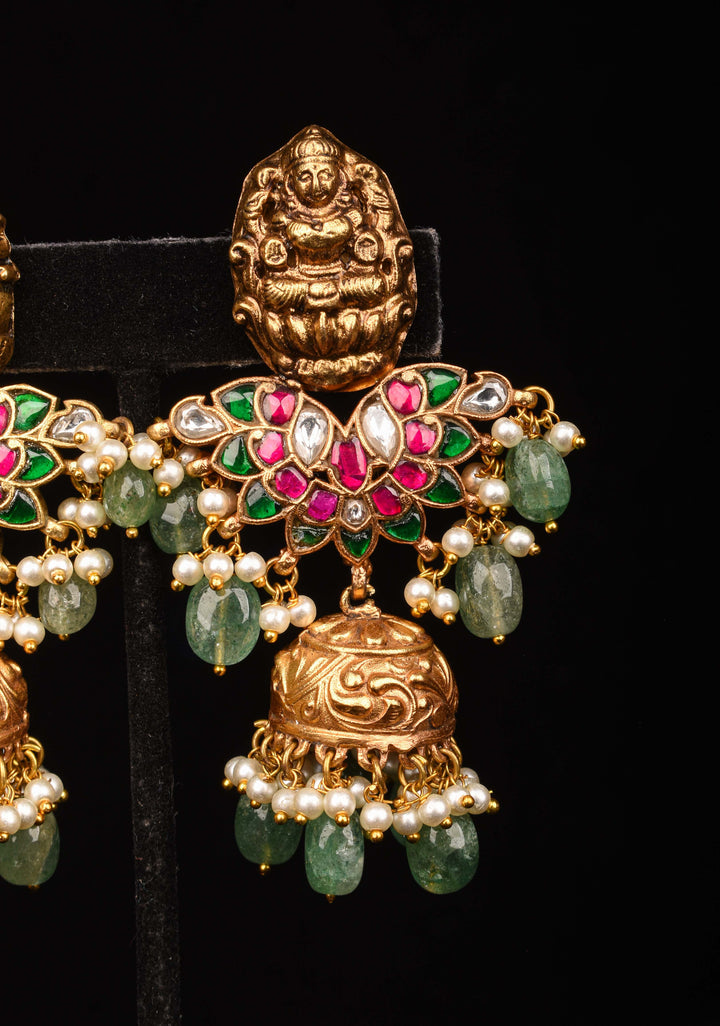 Celebrity Jadau Lakshmi Jhumkas with Dangling Beads  | Shobitam Jewelry