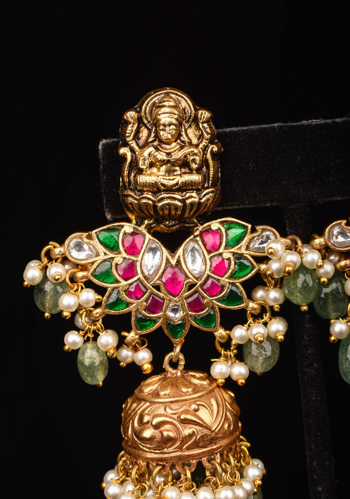 Celebrity Jadau Lakshmi Jhumkas with Dangling Beads  | Shobitam Jewelry
