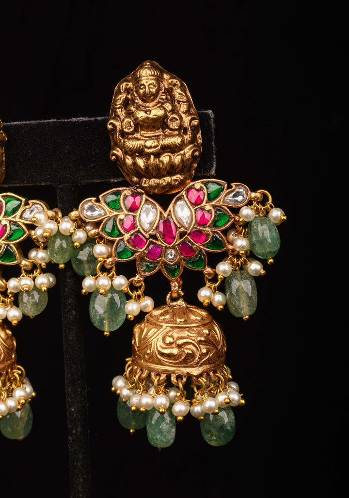 Celebrity Jadau Lakshmi Jhumkas with Dangling Beads  | Shobitam Jewelry