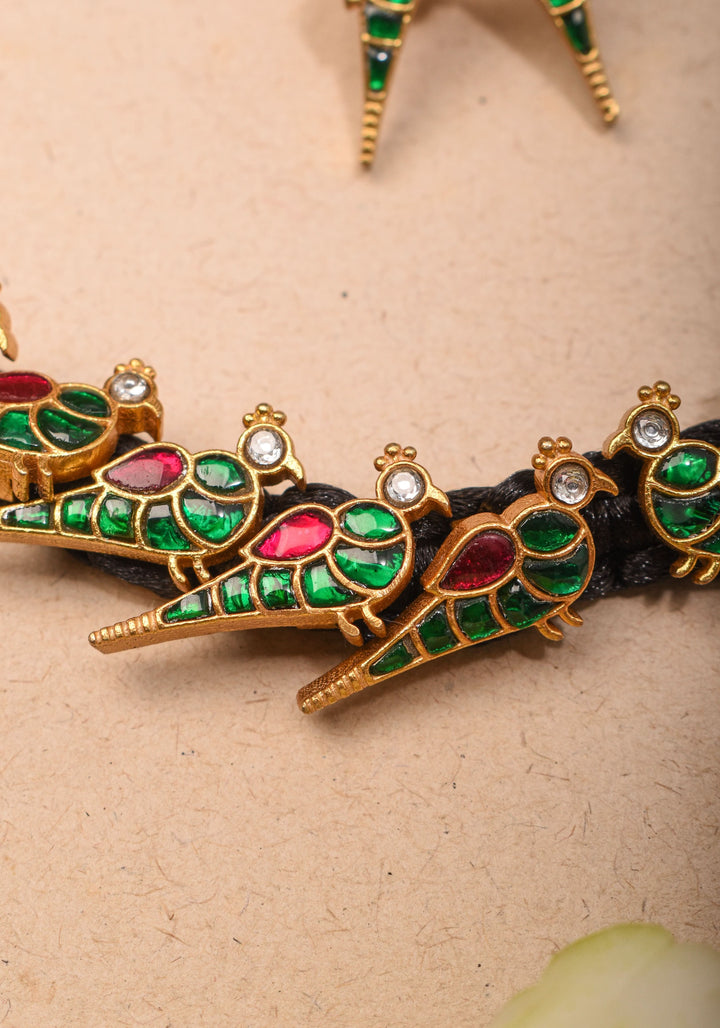Peacock Choker Set With Kundan Stone in Black Thread And Matching Earrings