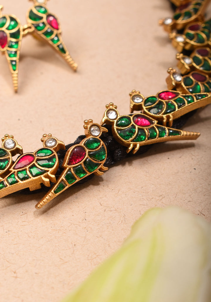Peacock Choker Set With Kundan Stone in Black Thread And Matching Earrings