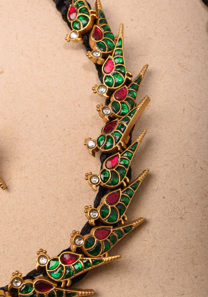 Peacock Choker Set With Kundan Stone in Black Thread And Matching Earrings