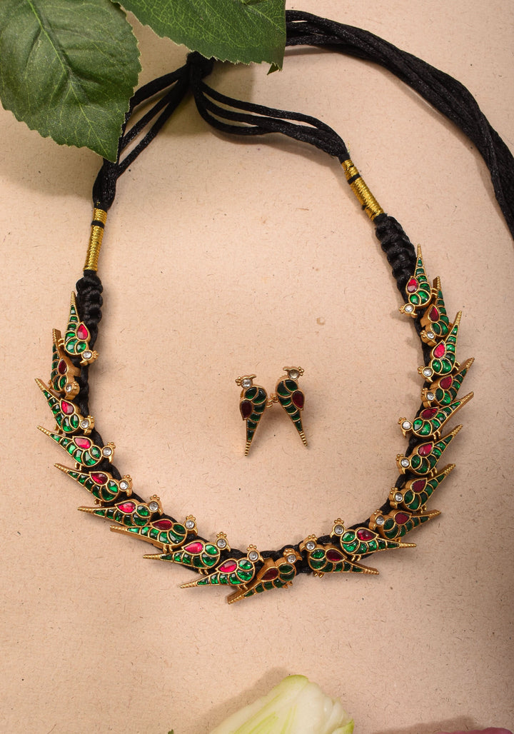 Peacock Choker Set With Kundan Stone in Black Thread And Matching Earrings