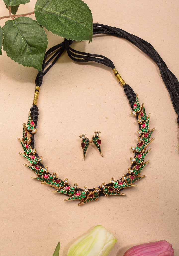 Peacock Choker Set With Kundan Stone in Black Thread And Matching Earrings