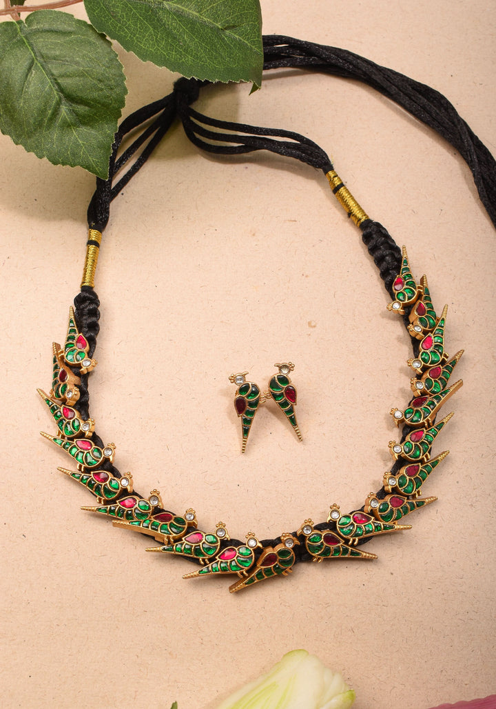 Peacock Choker Set With Kundan Stone in Black Thread And Matching Earrings