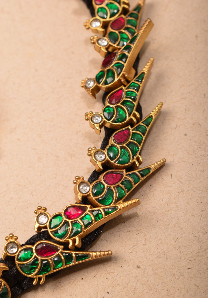 Peacock Choker Set With Kundan Stone in Black Thread And Matching Earrings
