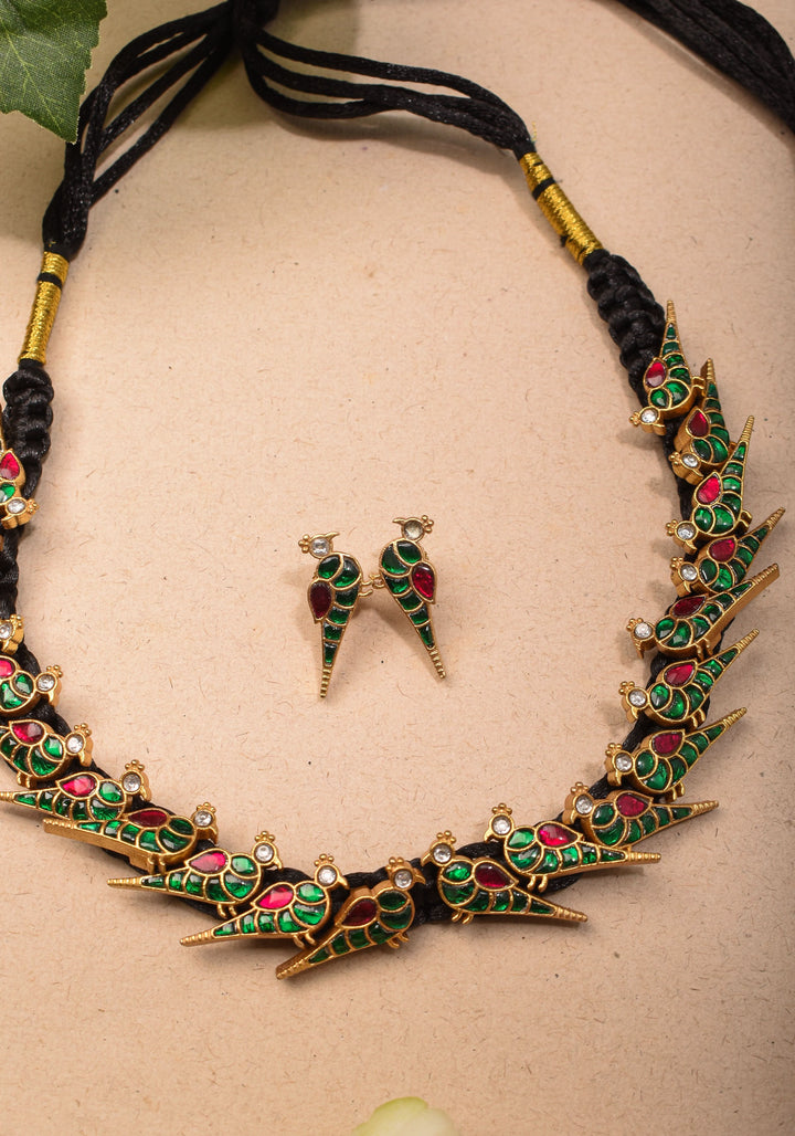 Peacock Choker Set With Kundan Stone in Black Thread And Matching Earrings
