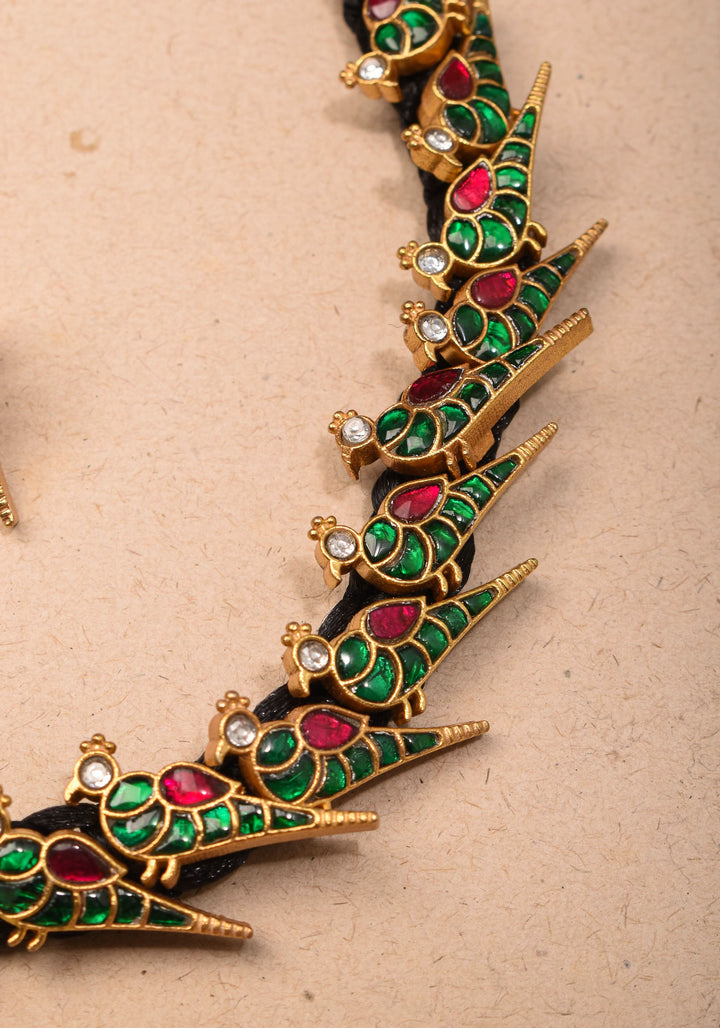 Peacock Choker Set With Kundan Stone in Black Thread And Matching Earrings