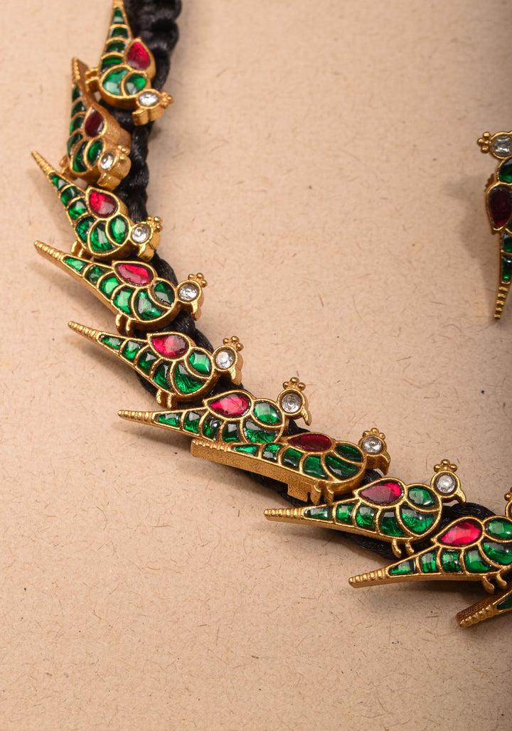 Peacock Choker Set With Kundan Stone in Black Thread And Matching Earrings