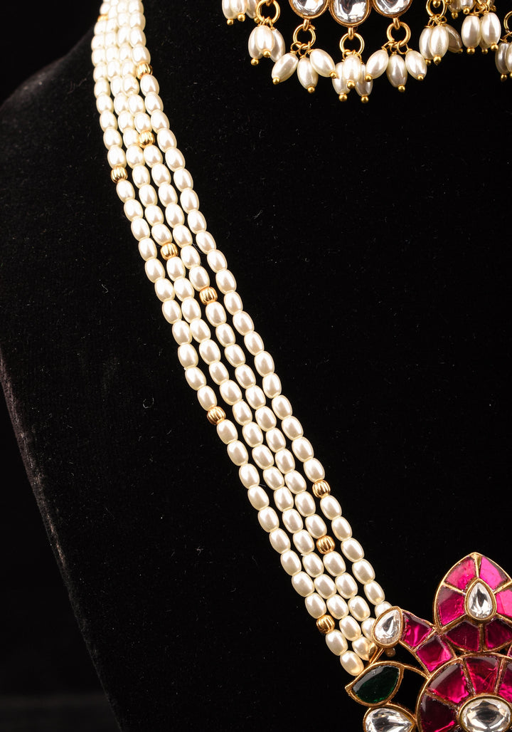 Ornate Jadau twin Peacock medium Length Haar and Matching Earrings | Shobitam Jewelry