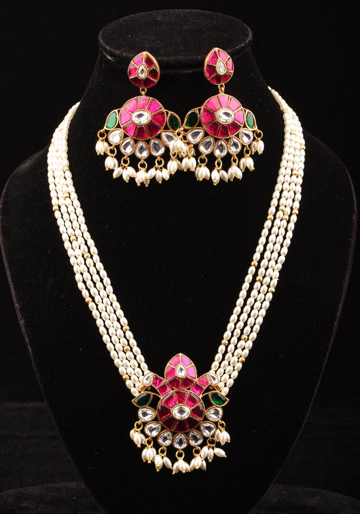 Ornate Jadau twin Peacock medium Length Haar and Matching Earrings | Shobitam Jewelry