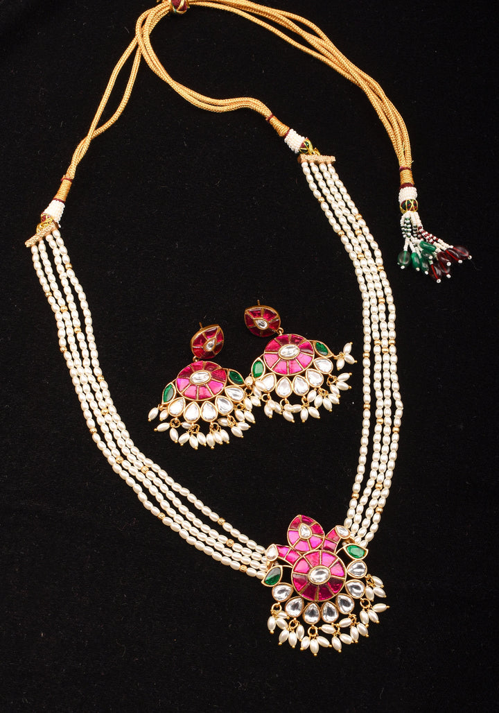 Ornate Jadau twin Peacock medium Length Haar and Matching Earrings | Shobitam Jewelry