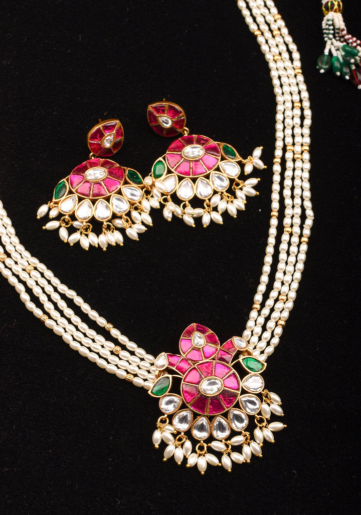 Ornate Jadau twin Peacock medium Length Haar and Matching Earrings | Shobitam Jewelry