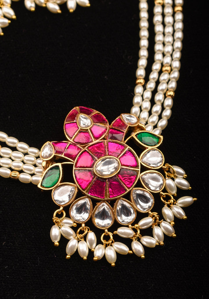 Ornate Jadau twin Peacock medium Length Haar and Matching Earrings | Shobitam Jewelry