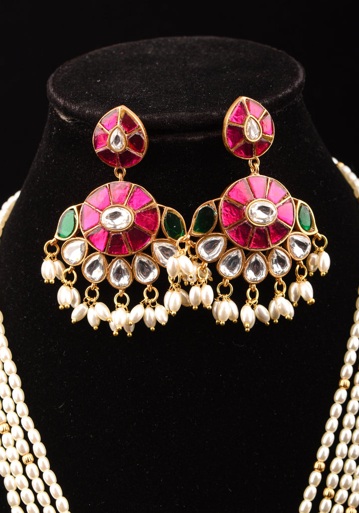 Ornate Jadau twin Peacock medium Length Haar and Matching Earrings | Shobitam Jewelry