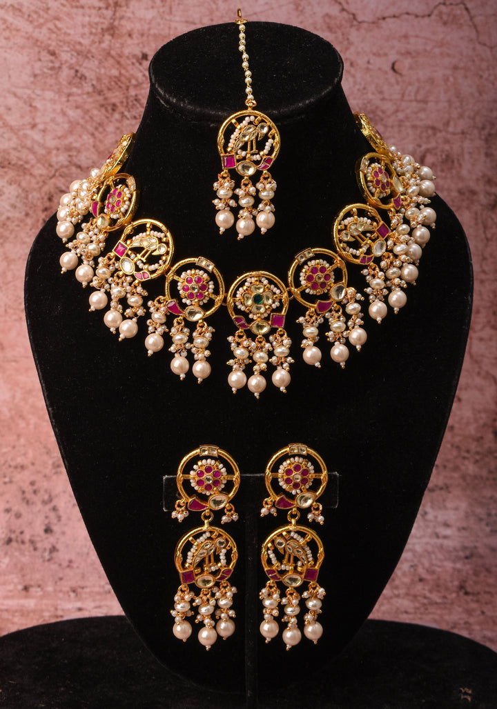 Plenty Pearly Exquisite floral design and Peacock Jadau necklace Set with Dangling Pearls | Shobitam Jewelry
