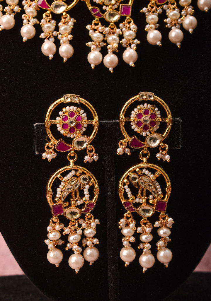 Plenty Pearly Exquisite floral design and Peacock Jadau necklace Set with Dangling Pearls | Shobitam Jewelry