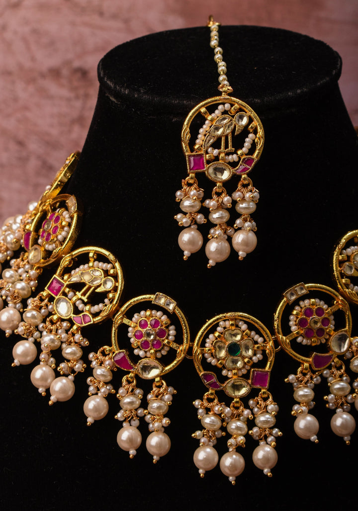 Plenty Pearly Exquisite floral design and Peacock Jadau necklace Set with Dangling Pearls | Shobitam Jewelry