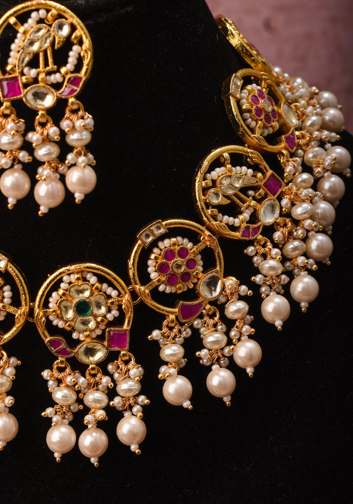 Plenty Pearly Exquisite floral design and Peacock Jadau necklace Set with Dangling Pearls | Shobitam Jewelry