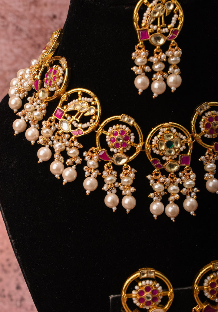 Plenty Pearly Exquisite floral design and Peacock Jadau necklace Set with Dangling Pearls | Shobitam Jewelry