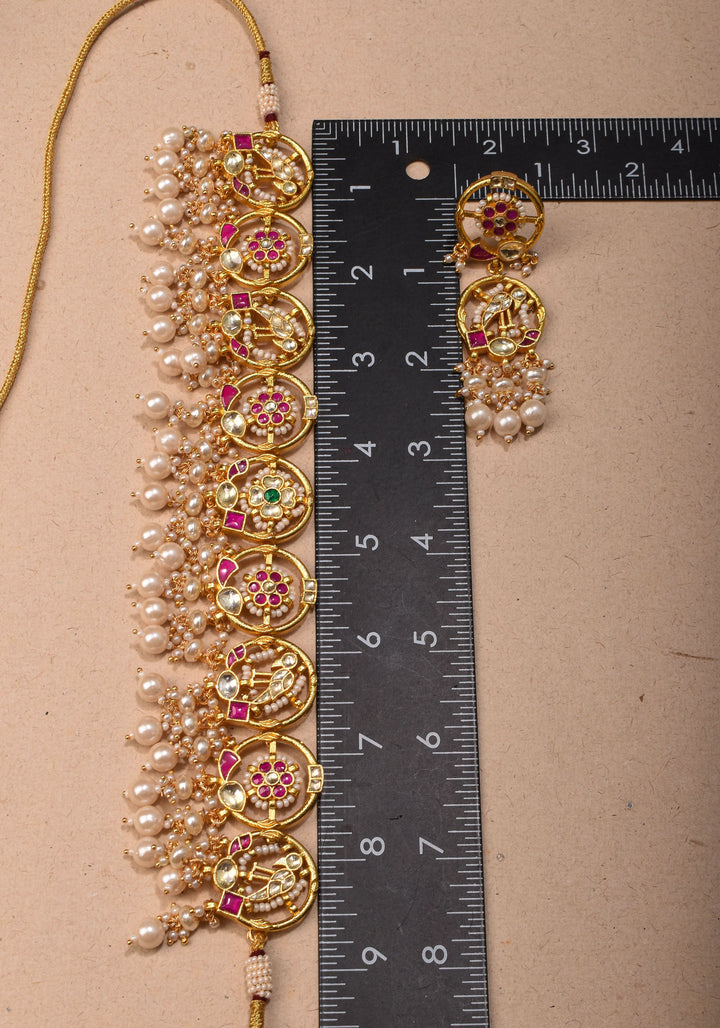 Plenty Pearly Exquisite floral design and Peacock Jadau necklace Set with Dangling Pearls | Shobitam Jewelry
