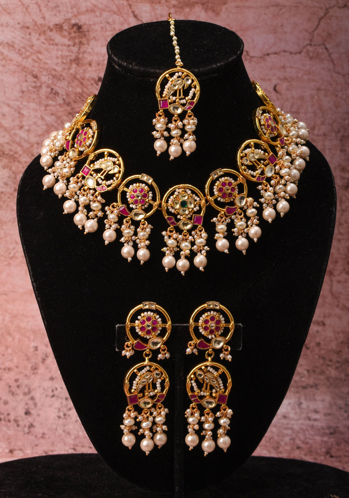 Plenty Pearly Exquisite floral design and Peacock Jadau necklace Set with Dangling Pearls | Shobitam Jewelry