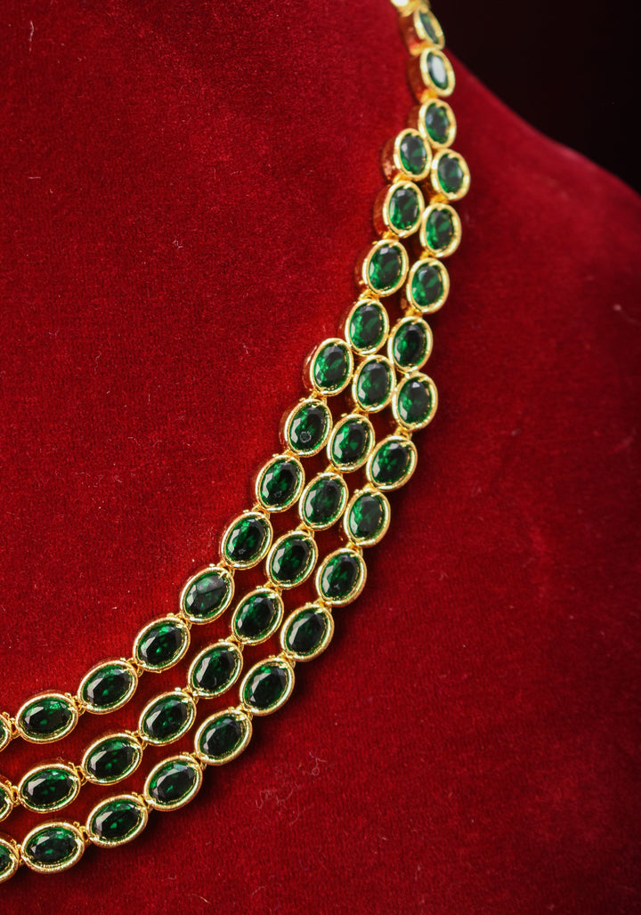 Green Stone Necklace with 3 strands of oval stones and matching earrings