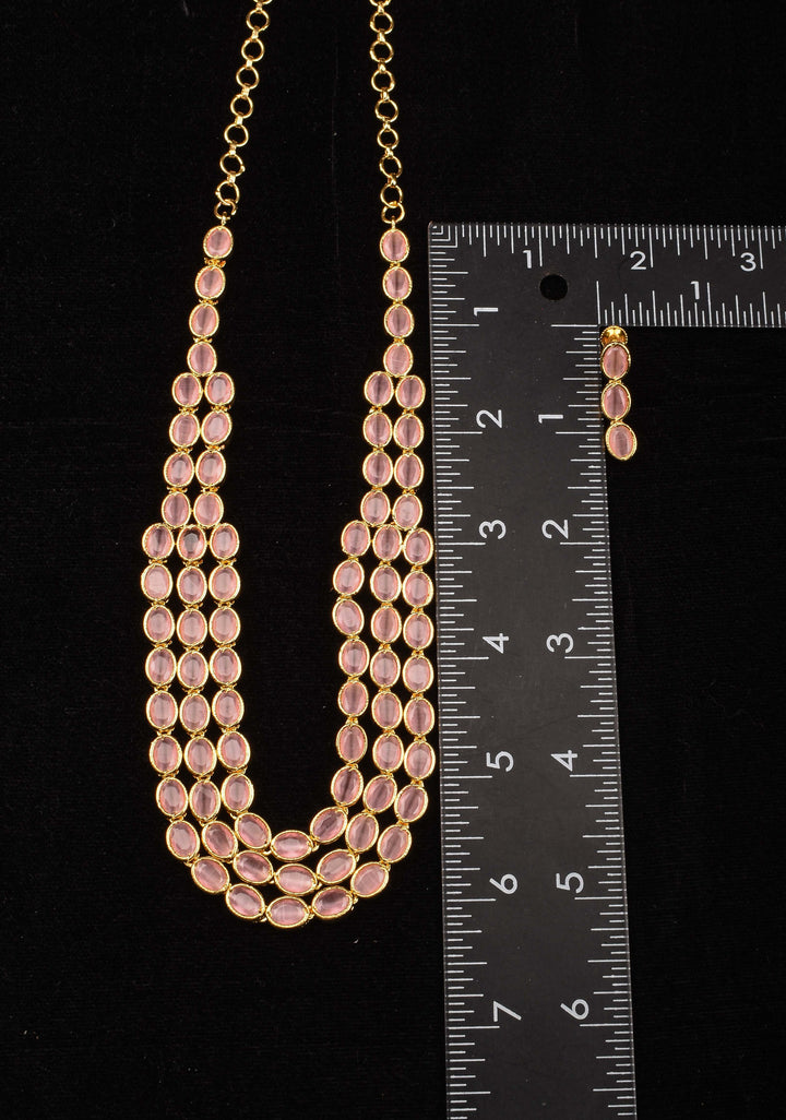 Rose Pink 3 Strand Translucent beads necklace and earrings set