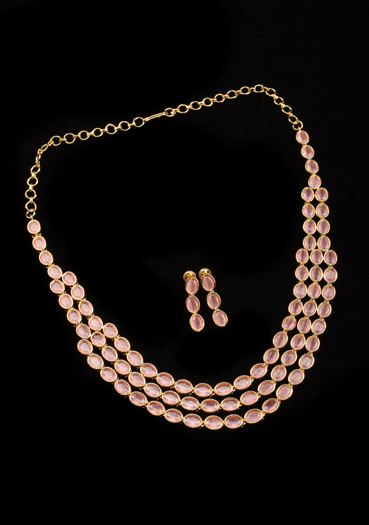 Rose Pink 3 Strand Translucent beads necklace and earrings set